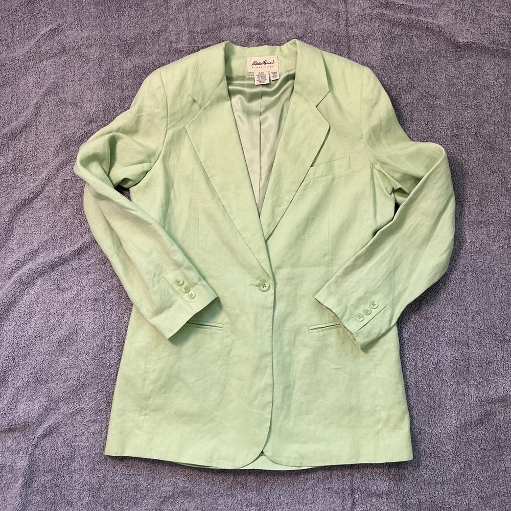 Eddie Bauer Womens Tall Large Green 100% Linen Single Button Blazer Jacket